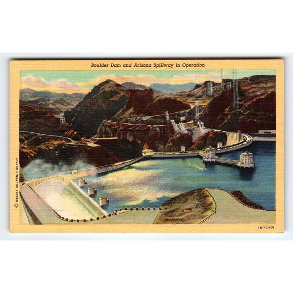 Vintage Linen Postcard Boulder Dam Arizona Spillway in Operation - Picture 1 of 2